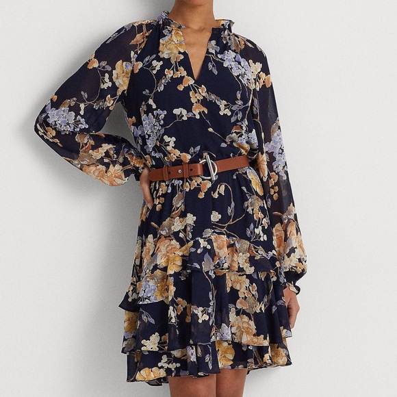 Lauren Ralph Lauren Floral Belted Crinkle Georgette Dress, Plus Size 22W NWT